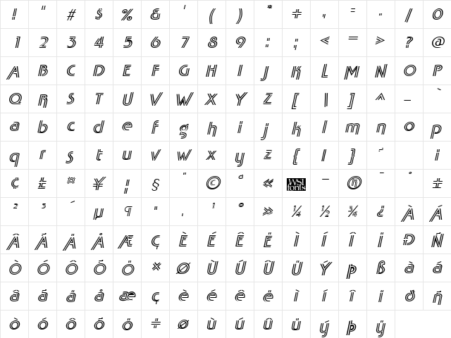 TabathaFresco Italic  glyph index
