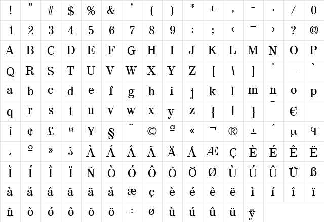 Valencia-Medium Regular  glyph index