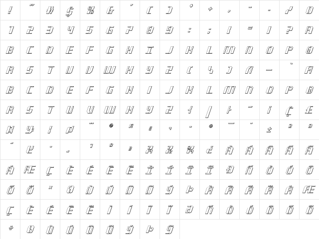 Jetway 3D Italic Italic  glyph index