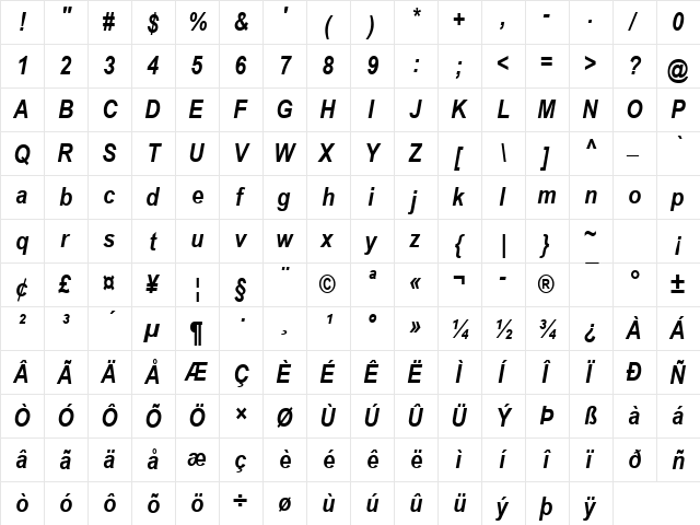 Arial Narrow Bold Italic  glyph index