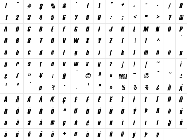 PledgeHeavy Italic  glyph index