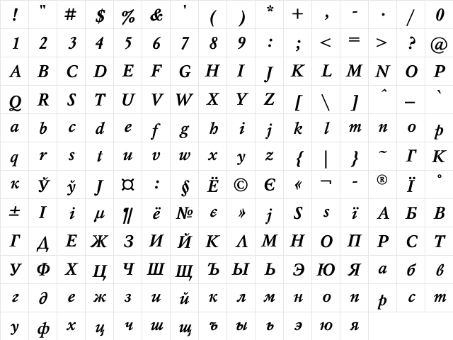 Mysl Bold Italic  glyph index