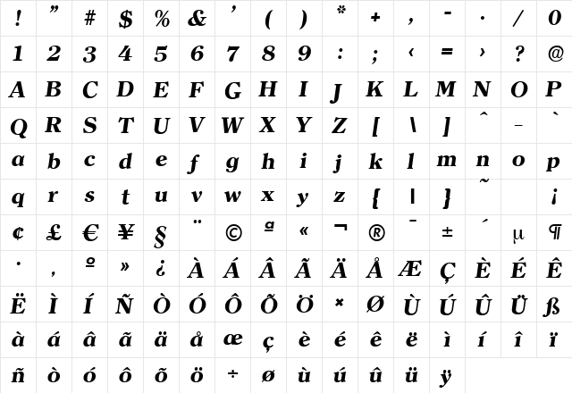 ClearfaceSerial-Xbold Italic  glyph index