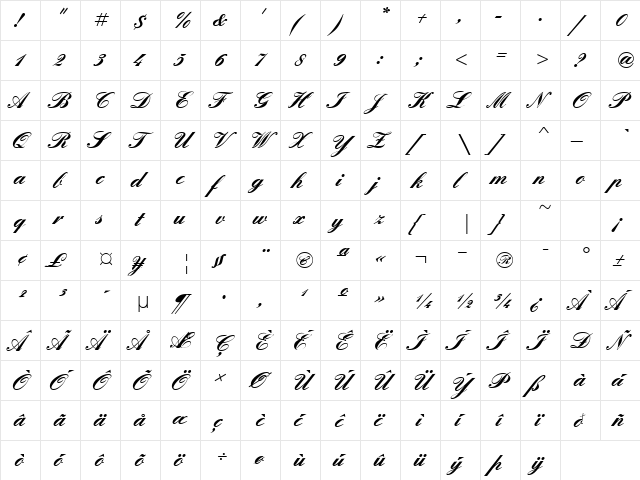 PT Orchid Bold Normal  glyph index