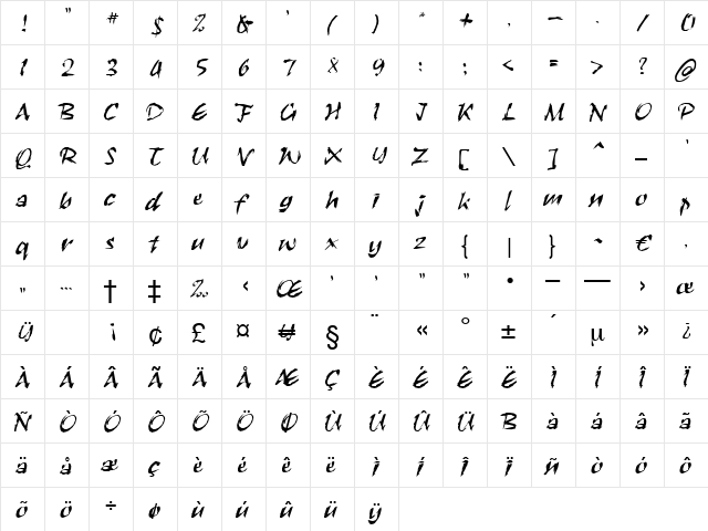 Phantasia Regular  glyph index