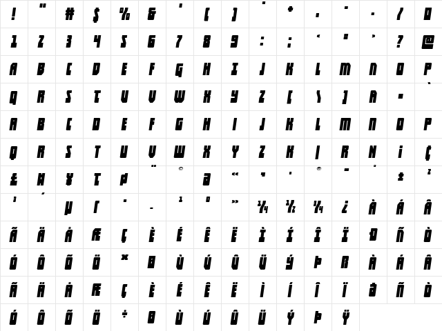 Elastic Lad Wide Italic Regular  glyph index