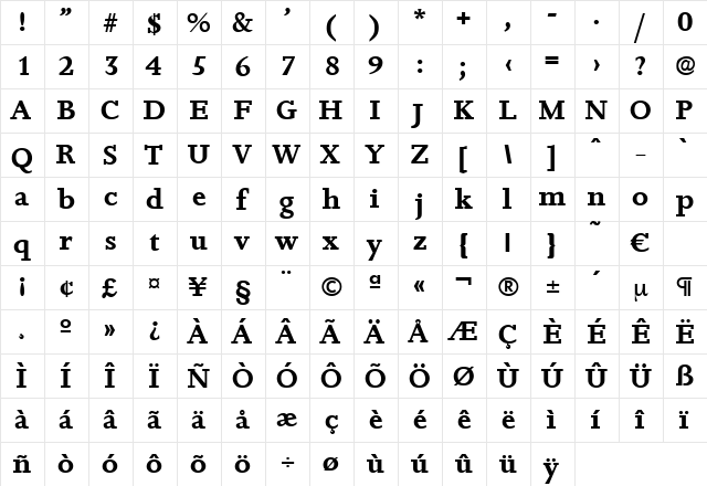 Jessica-Bold Regular  glyph index