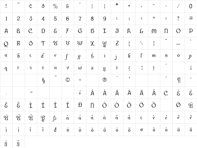 CuthbeNick Regular  glyph index