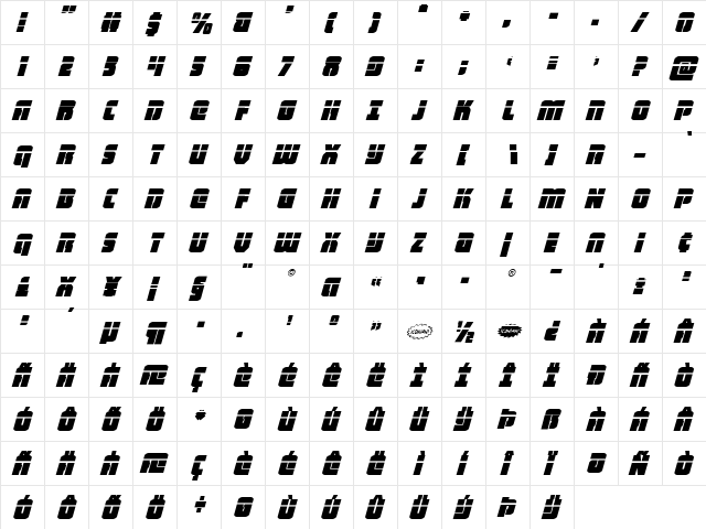 Heavy Falcon Laser Italic Italic  glyph index