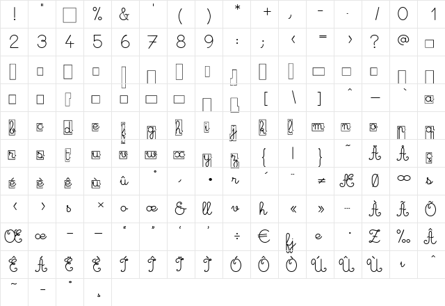 Maternellecolor cursive case Regular  glyph index