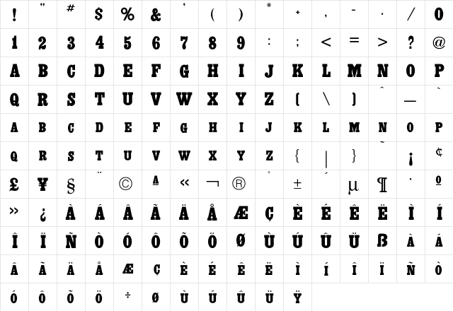 Headliner Regular  glyph index