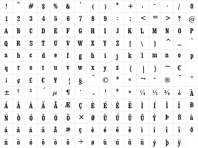 Clarendon Cn BT Regular  glyph index