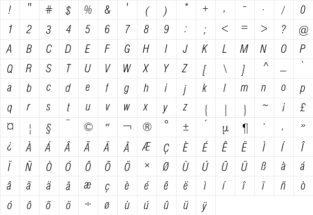Helvetica Condensed BQ Regular  glyph index