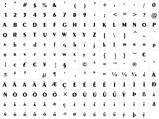 Exotc350 Bd BT Bold  glyph index