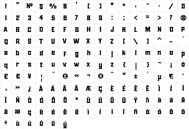 JMH Bronze Bold  glyph index