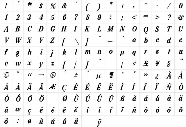 Cheltenham Bold Italic  glyph index
