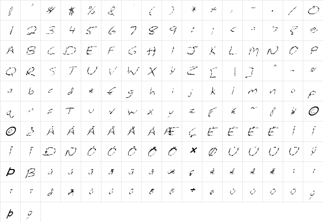 FZ HAND 12 WAVEY ITALIC Normal  glyph index