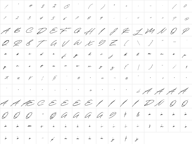 Taniya Relly Regular  glyph index