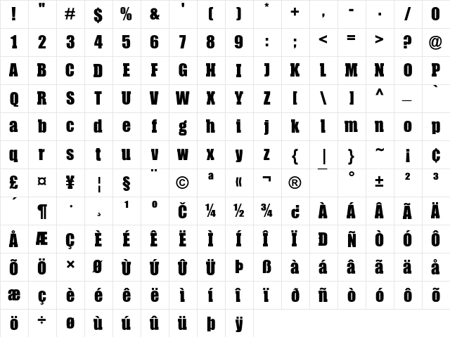 Compressor SlabSerif  glyph index