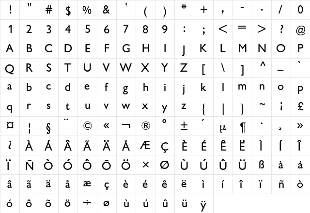 Gill Sans BQ Regular  glyph index