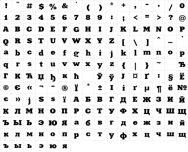 XeniaExtended Regular  glyph index