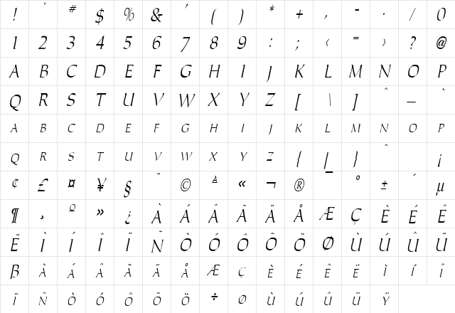 Carla Thin Italic  glyph index