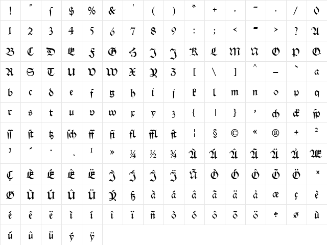 Schwaben Normal  glyph index