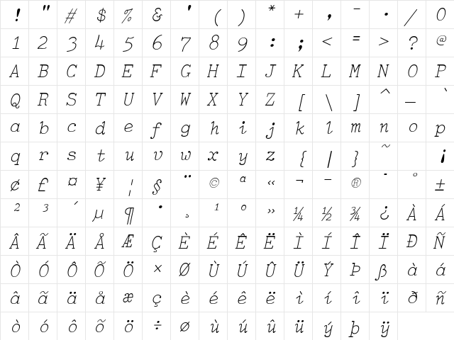 TiredOfCourierThin Italic  glyph index