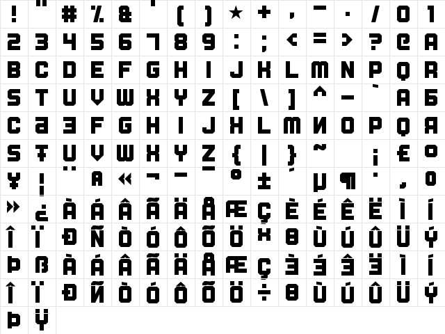 Fatherland Faker Regular  glyph index