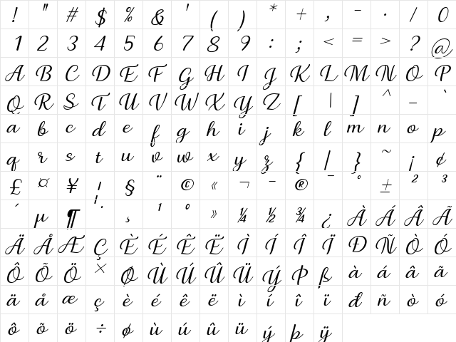 Briany Italic  glyph index