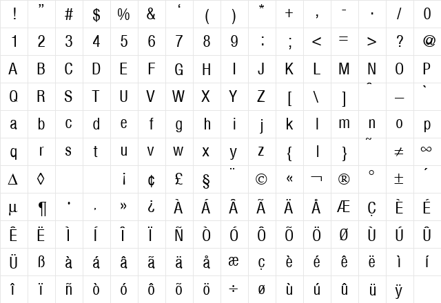 HegelCondLight Regular  glyph index