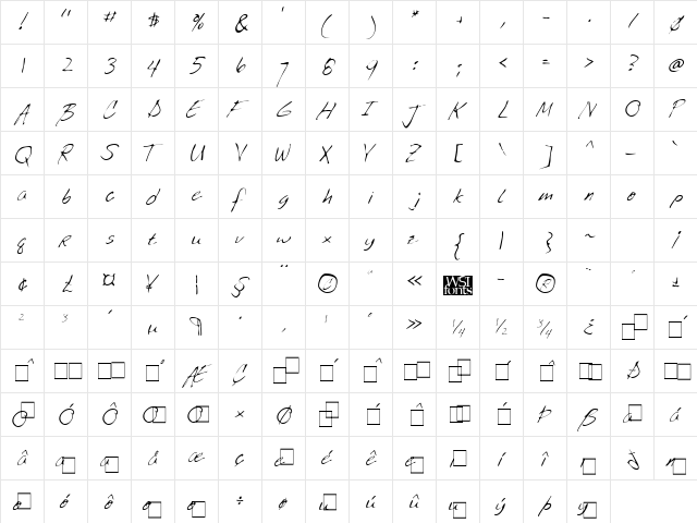 BrendensHand Regular  glyph index