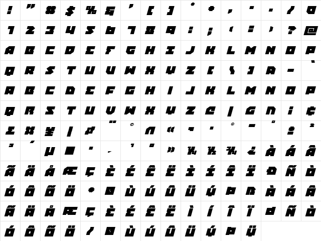 Dark Hornet Expanded Italic Regular  glyph index