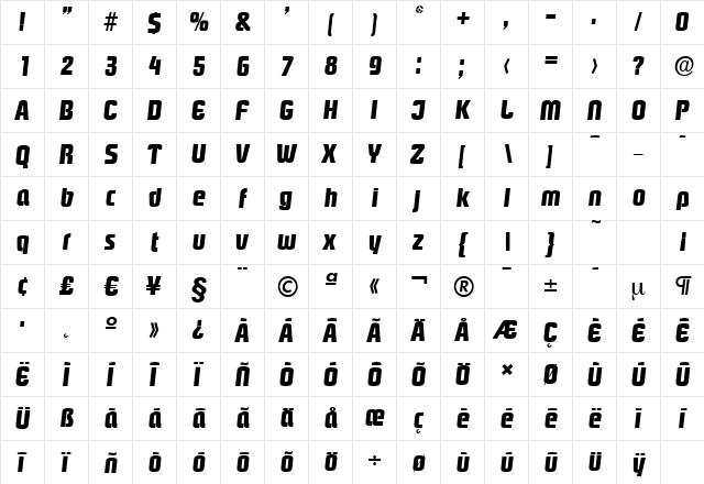 PasadenaSerial-Xbold Italic  glyph index