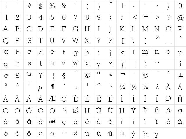 GeoSlab703 Lt BT Light  glyph index