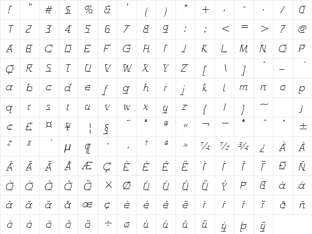 Odyssee ITC TT LightItalic  glyph index