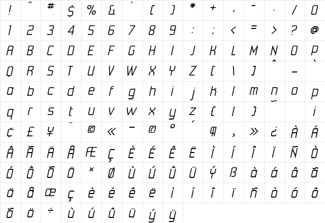 45DegreesLight Italic  glyph index