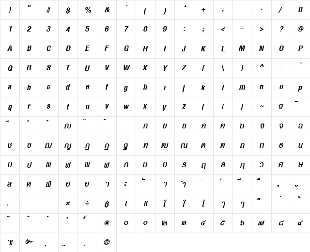 PSL-Display Bold Italic  glyph index