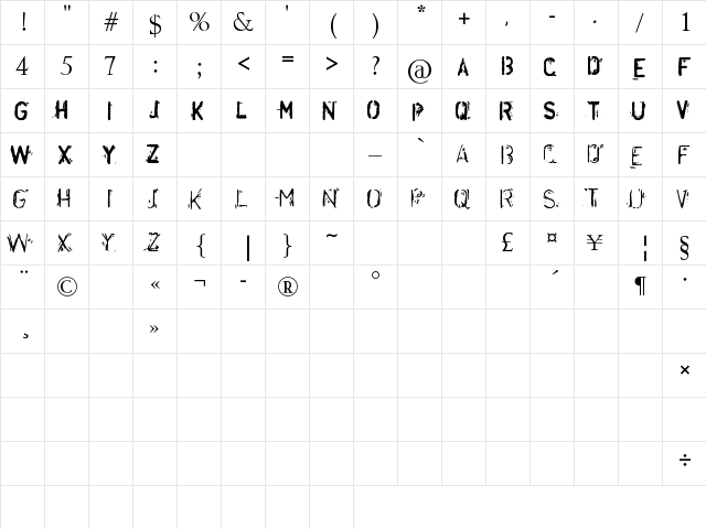 DisorderedBold Regular  glyph index