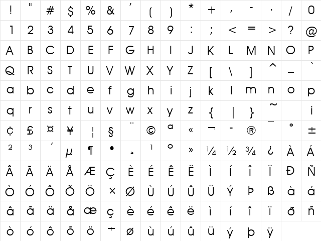 Avant Guard Regular  glyph index