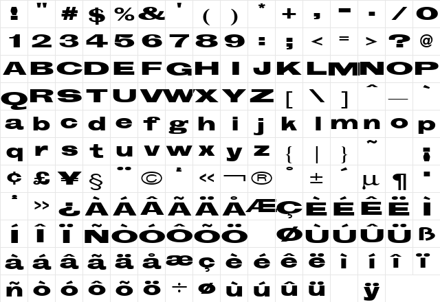 Groschen Extra Extended Regular  glyph index