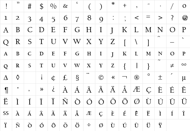 BergmannOldStyleSmc Regular  glyph index