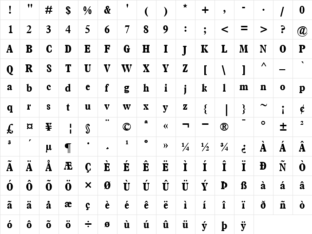 Plantin-Condensed Bold  glyph index