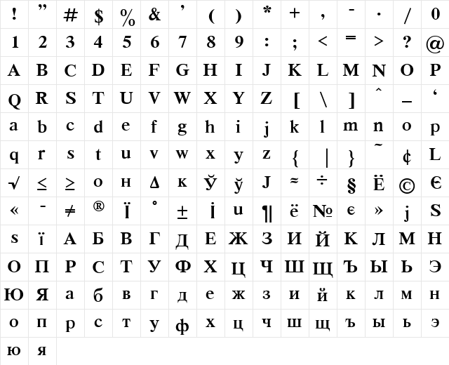 Respect Bold  glyph index