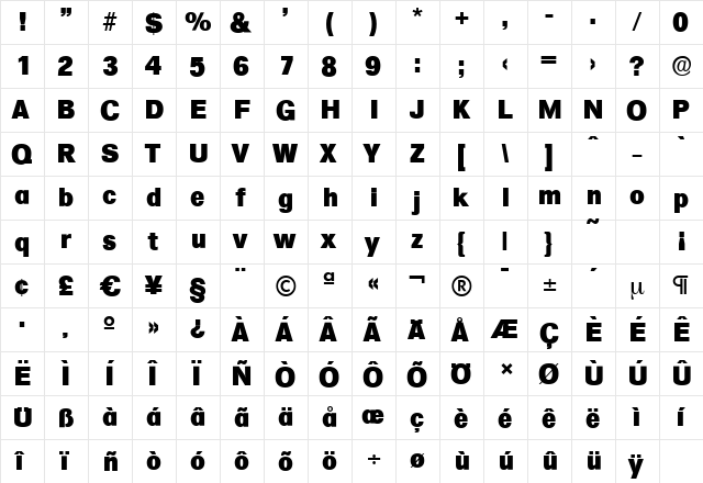 FormulaSerial-Heavy Regular  glyph index