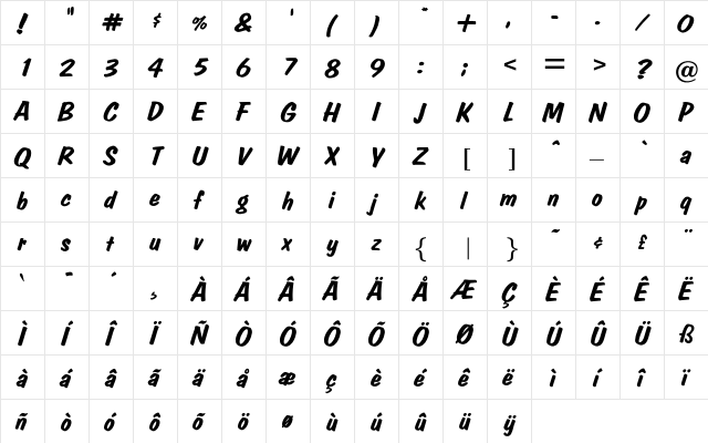 ColoniaBrush Regular  glyph index
