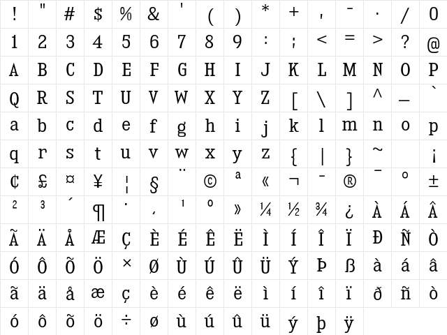 Kingsbridge SemiCondensed Book  glyph index