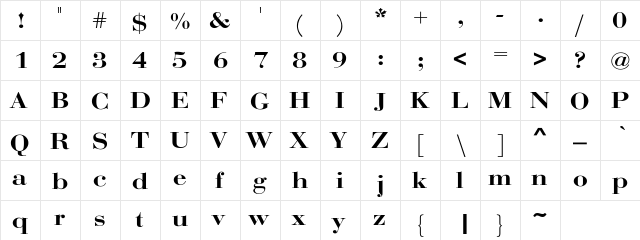 BodoniExt-Bold Regular  glyph index