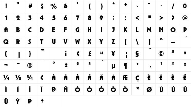 Piazza Bold  glyph index