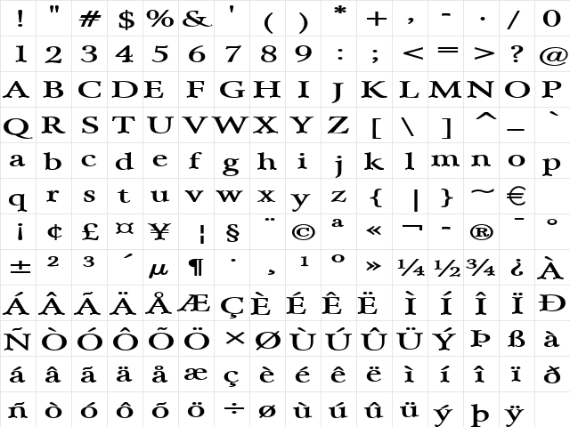 ArrayExtended Bold  glyph index